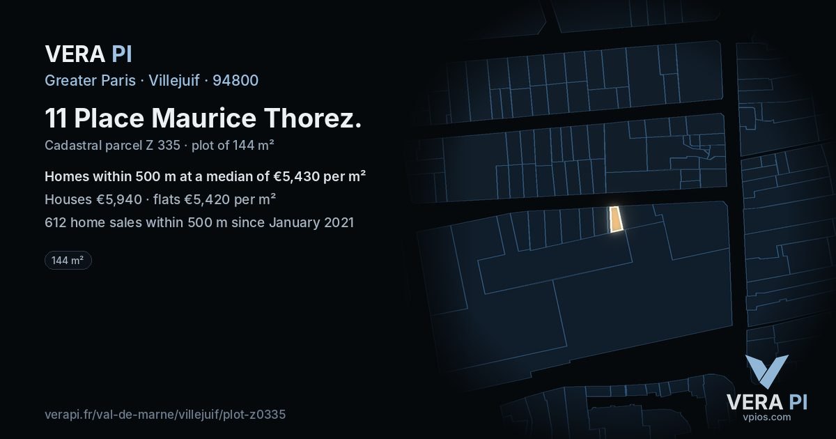 11 Place Maurice Thorez, Villejuif at night – the plot lit, the parcels around coloured by the prices near them