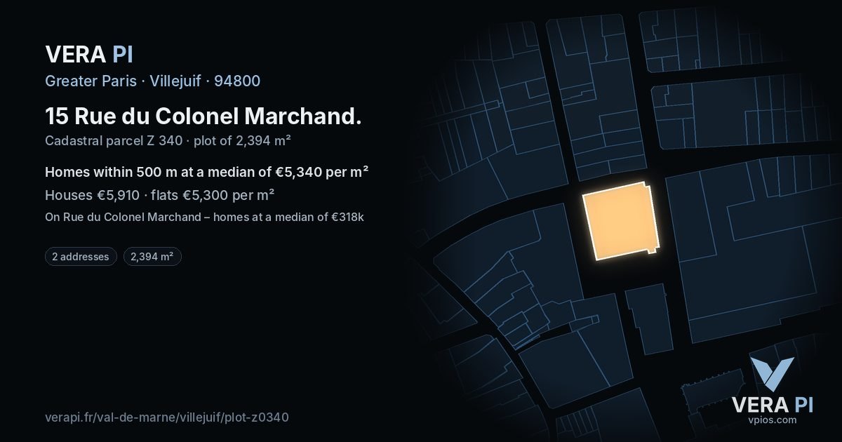 15 Rue du Colonel Marchand, Villejuif at night – the plot lit, the parcels around coloured by the prices near them