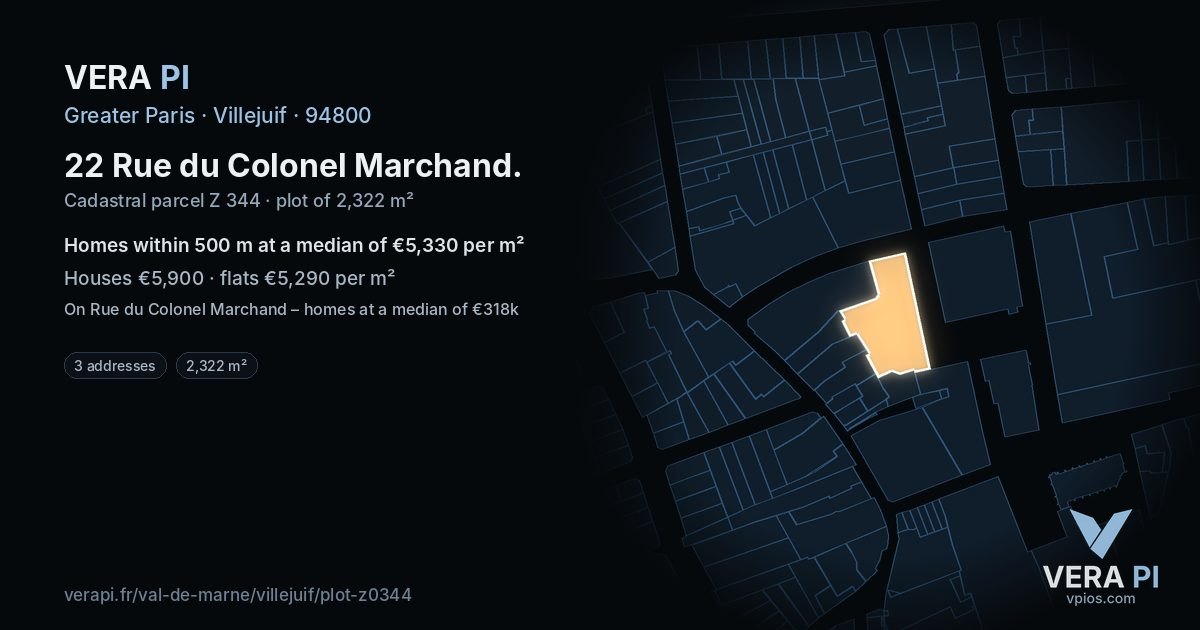 22 Rue du Colonel Marchand, Villejuif at night – the plot lit, the parcels around coloured by the prices near them