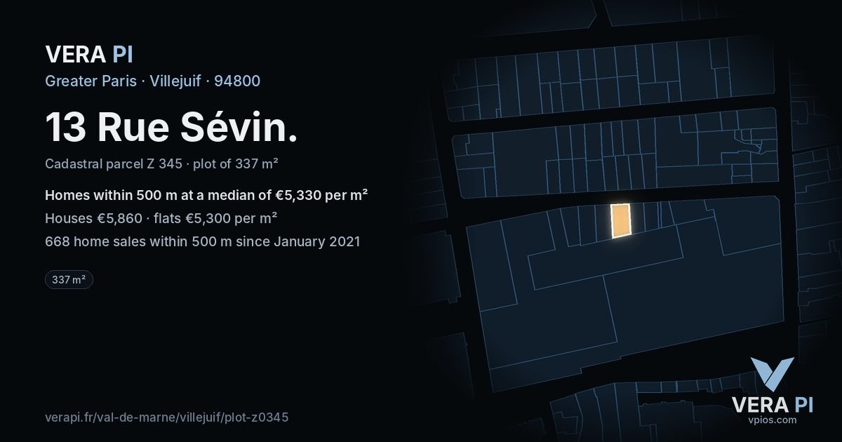13 Rue Sévin, Villejuif at night – the plot lit, the parcels around coloured by the prices near them