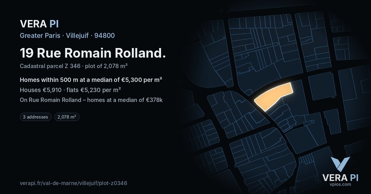 19 Rue Romain Rolland, Villejuif at night – the plot lit, the parcels around coloured by the prices near them