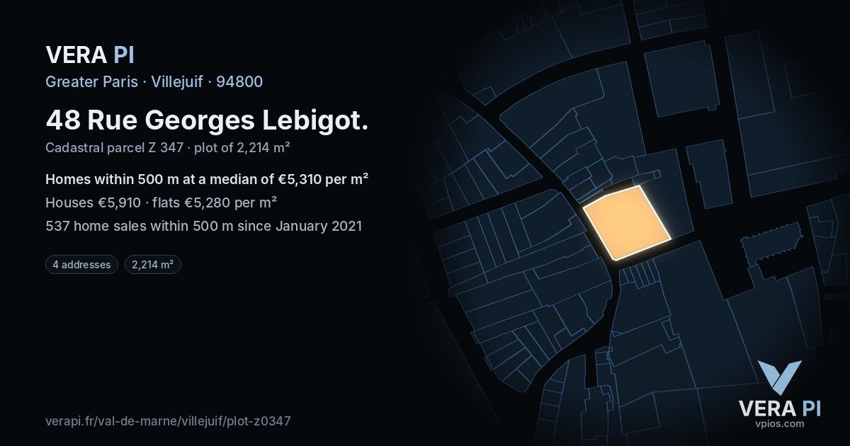48 Rue Georges Lebigot, Villejuif at night – the plot lit, the parcels around coloured by the prices near them