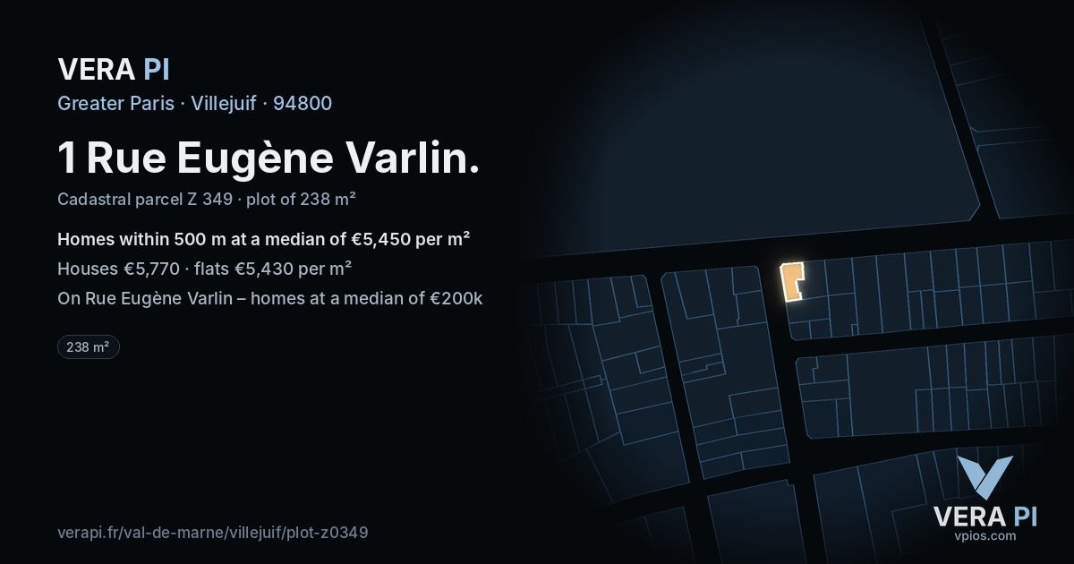 1 Rue Eugène Varlin, Villejuif at night – the plot lit, the parcels around coloured by the prices near them