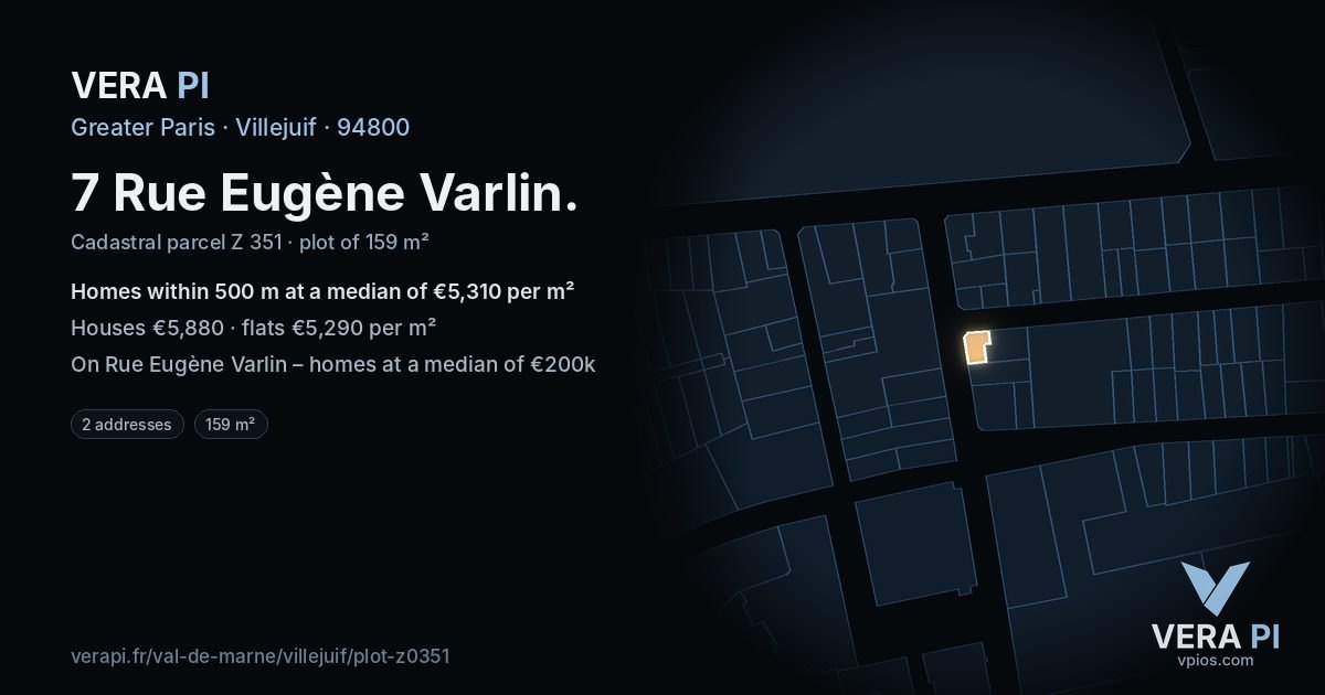 7 Rue Eugène Varlin, Villejuif at night – the plot lit, the parcels around coloured by the prices near them