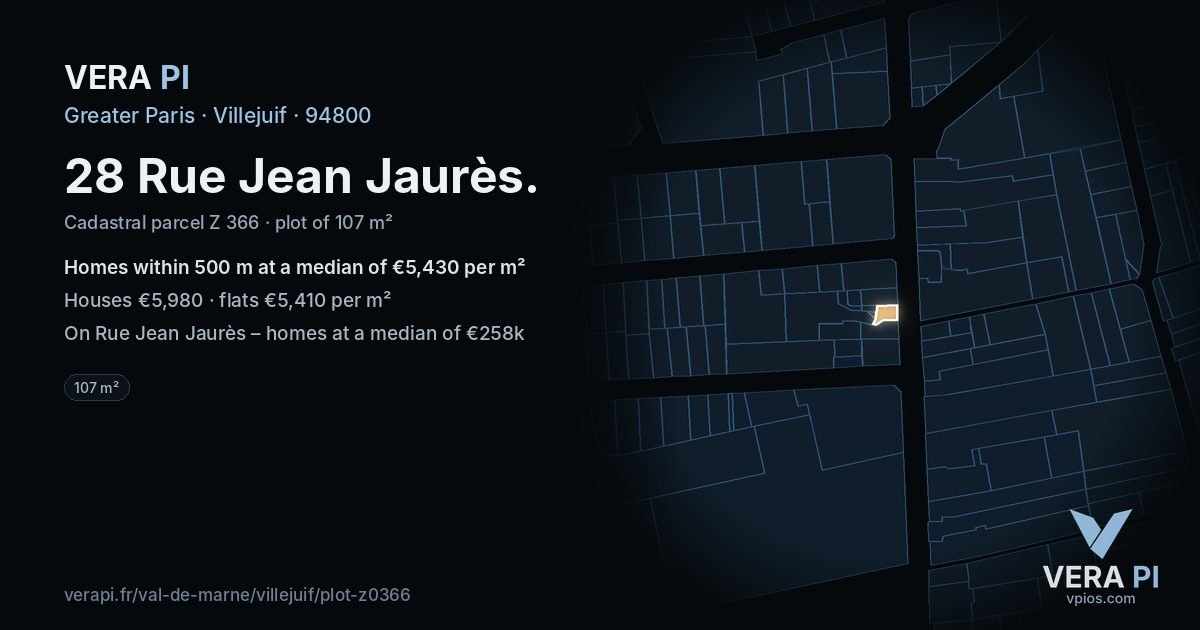 28 Rue Jean Jaurès, Villejuif at night – the plot lit, the parcels around coloured by the prices near them