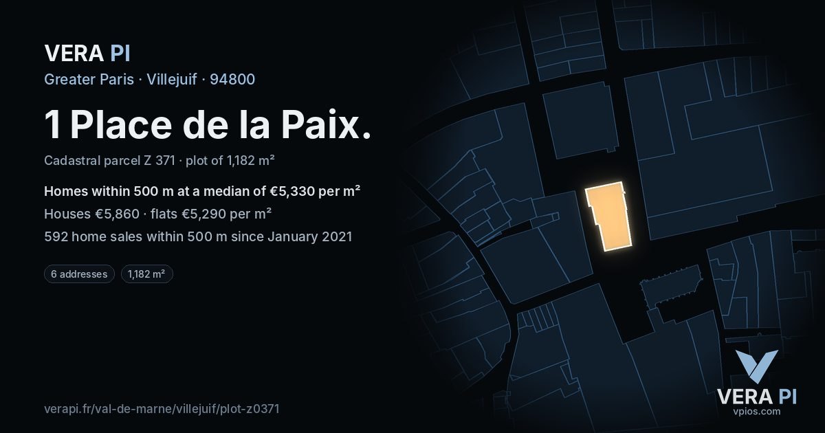 1 Place de la Paix, Villejuif at night – the plot lit, the parcels around coloured by the prices near them