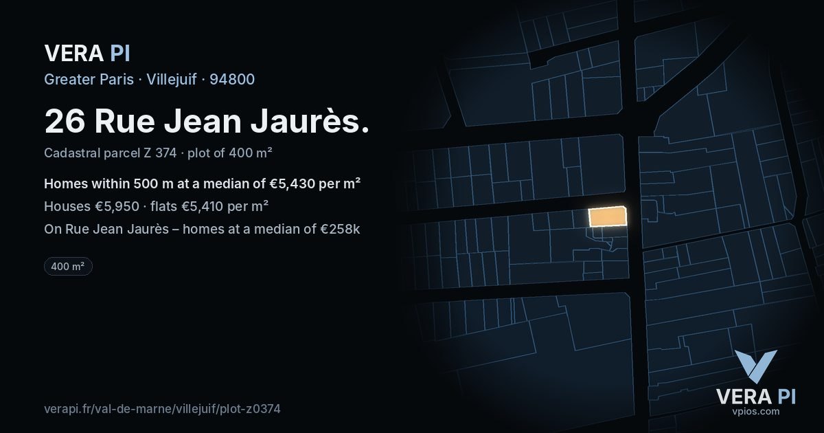26 Rue Jean Jaurès, Villejuif at night – the plot lit, the parcels around coloured by the prices near them