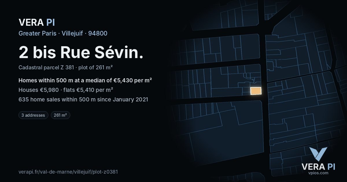 2 bis Rue Sévin, Villejuif at night – the plot lit, the parcels around coloured by the prices near them