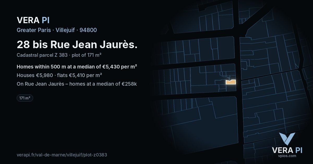 28 bis Rue Jean Jaurès, Villejuif at night – the plot lit, the parcels around coloured by the prices near them