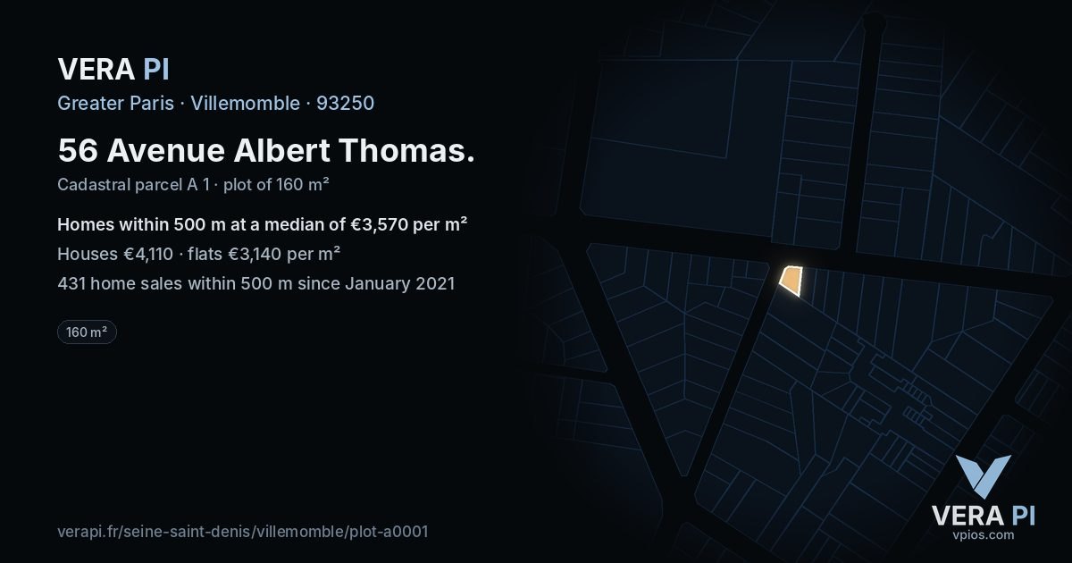 56 Avenue Albert Thomas, Villemomble at night – the plot lit, the parcels around coloured by the prices near them
