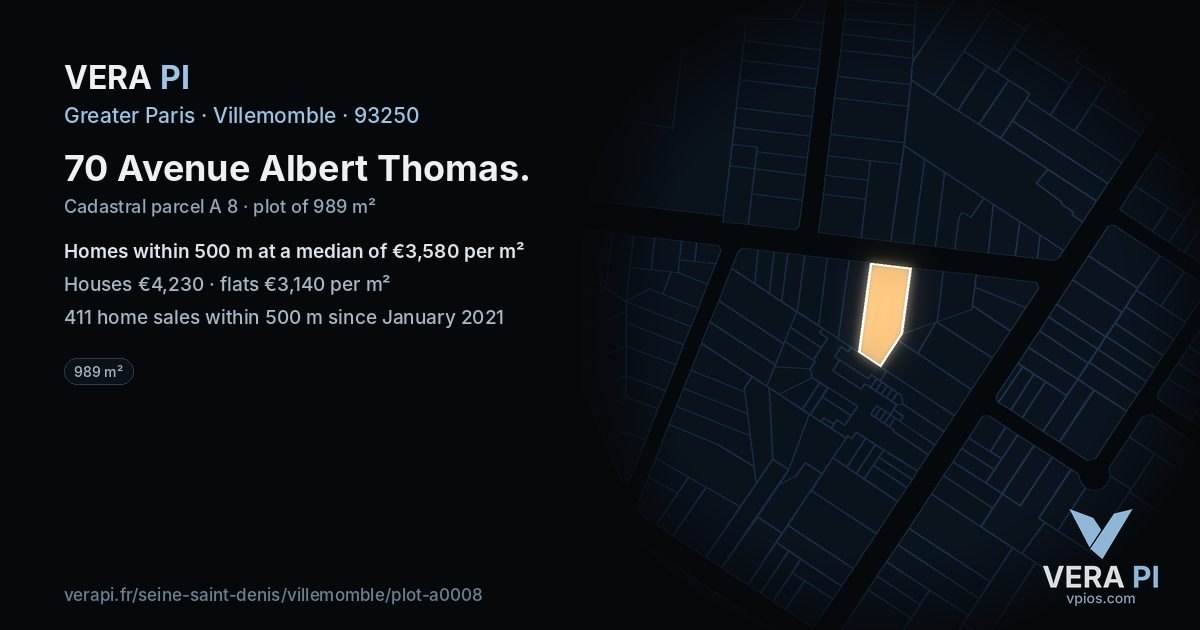 70 Avenue Albert Thomas, Villemomble at night – the plot lit, the parcels around coloured by the prices near them