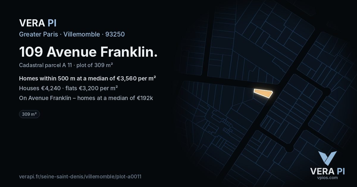 109 Avenue Franklin, Villemomble at night – the plot lit, the parcels around coloured by the prices near them