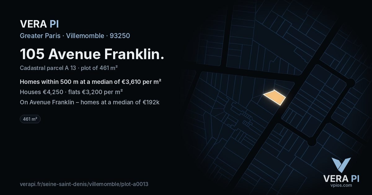 105 Avenue Franklin, Villemomble at night – the plot lit, the parcels around coloured by the prices near them
