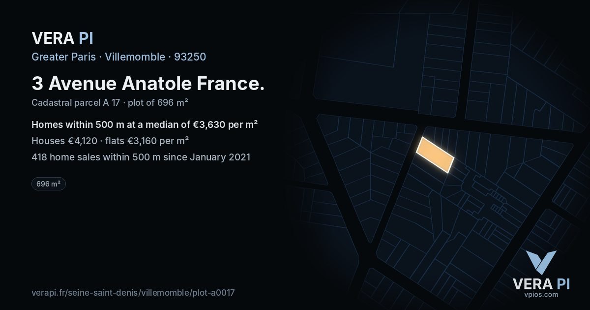 3 Avenue Anatole France, Villemomble at night – the plot lit, the parcels around coloured by the prices near them
