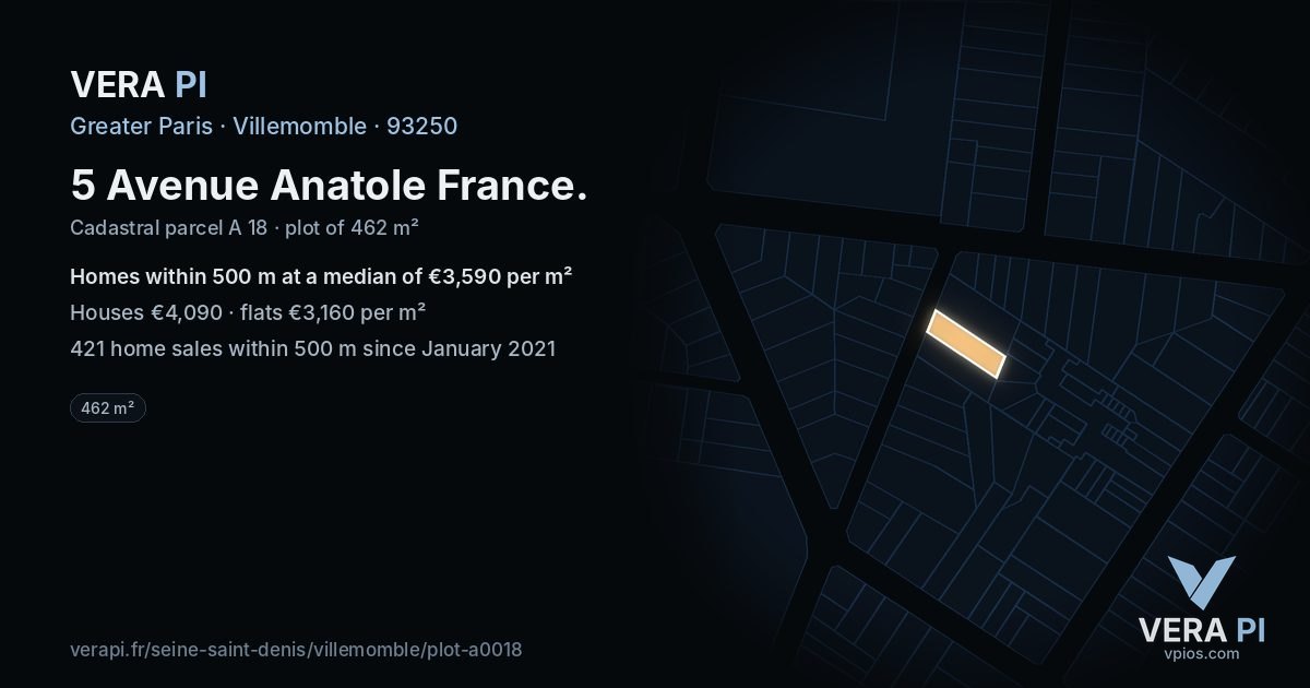 5 Avenue Anatole France, Villemomble at night – the plot lit, the parcels around coloured by the prices near them