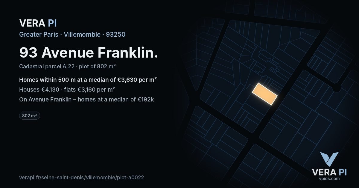 93 Avenue Franklin, Villemomble at night – the plot lit, the parcels around coloured by the prices near them