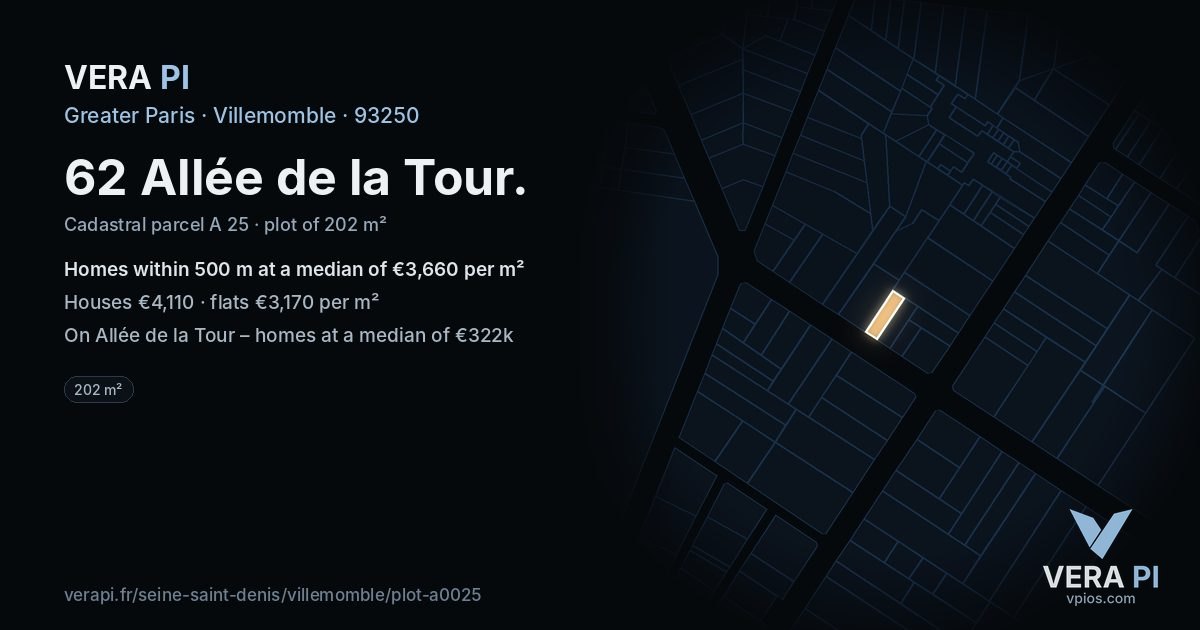 62 Allée de la Tour, Villemomble at night – the plot lit, the parcels around coloured by the prices near them