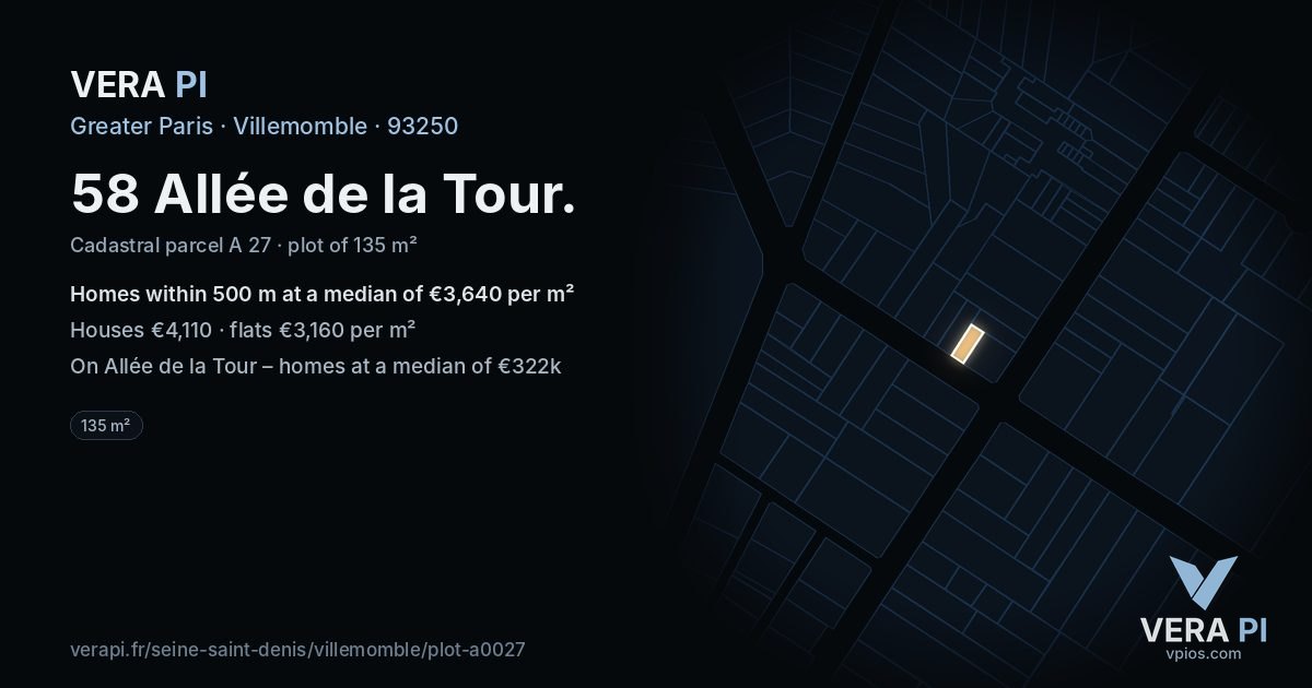 58 Allée de la Tour, Villemomble at night – the plot lit, the parcels around coloured by the prices near them