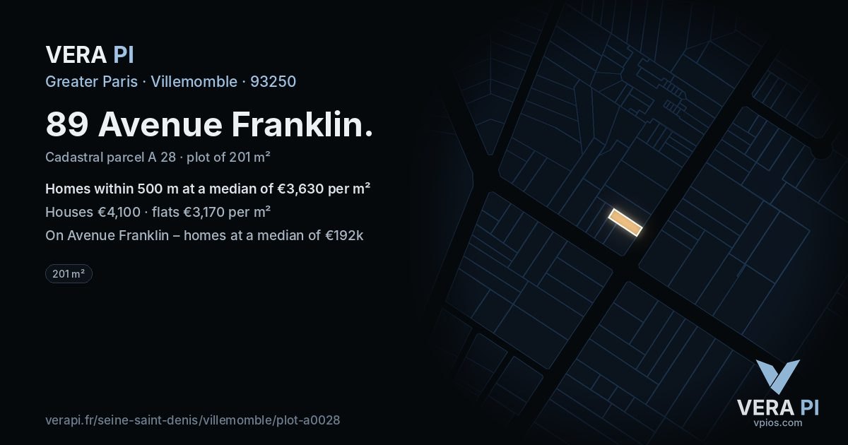 89 Avenue Franklin, Villemomble at night – the plot lit, the parcels around coloured by the prices near them