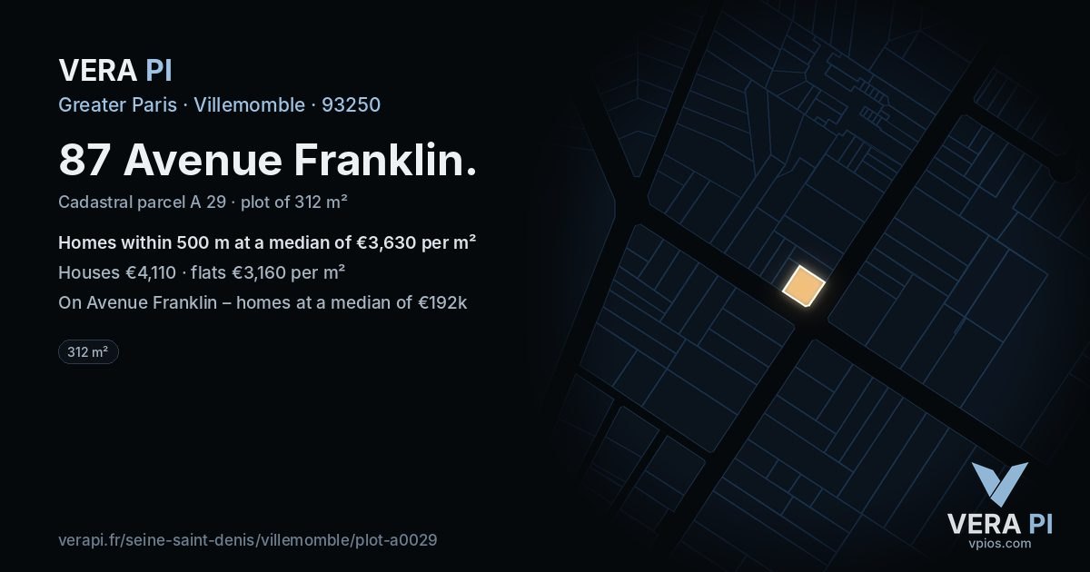 87 Avenue Franklin, Villemomble at night – the plot lit, the parcels around coloured by the prices near them