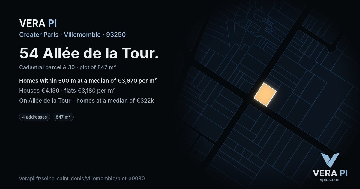 54 Allée de la Tour, Villemomble at night – the plot lit, the parcels around coloured by the prices near them