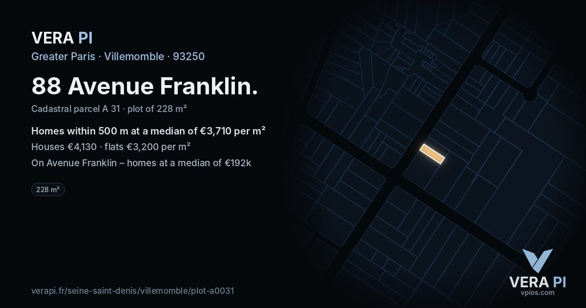 88 Avenue Franklin, Villemomble at night – the plot lit, the parcels around coloured by the prices near them