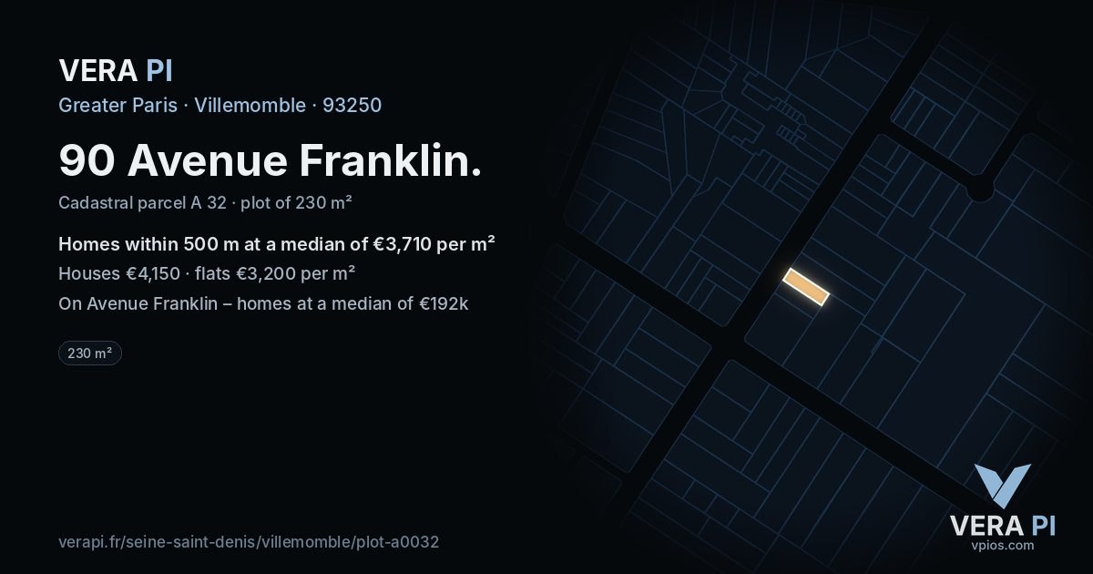 90 Avenue Franklin, Villemomble at night – the plot lit, the parcels around coloured by the prices near them