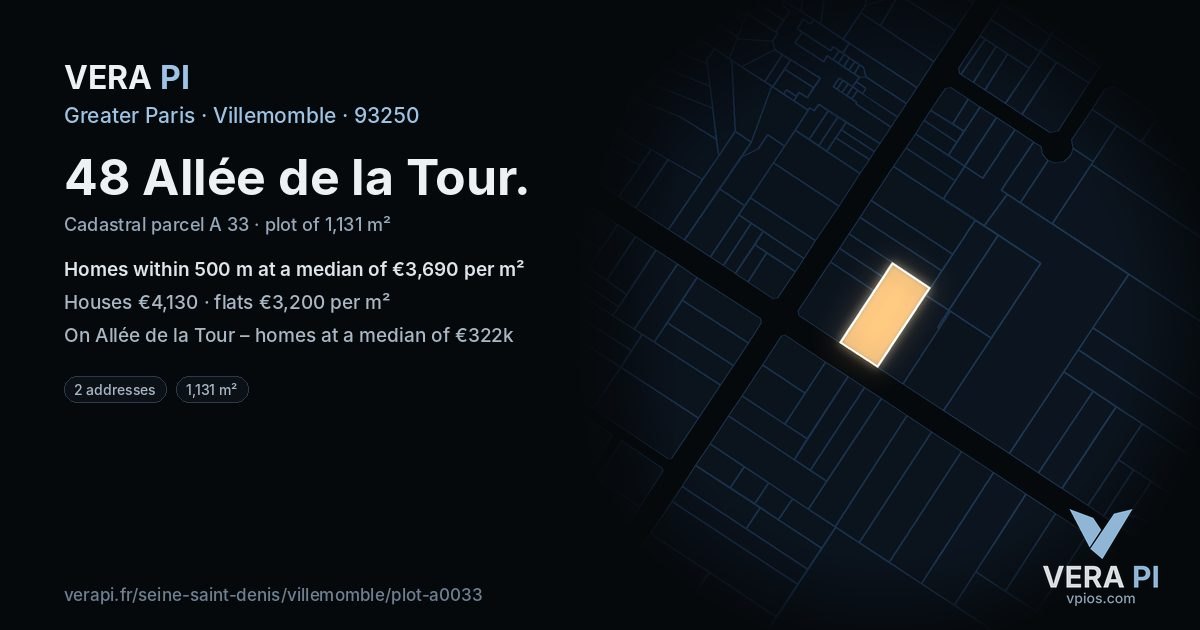 48 Allée de la Tour, Villemomble at night – the plot lit, the parcels around coloured by the prices near them