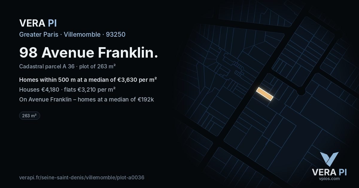 98 Avenue Franklin, Villemomble at night – the plot lit, the parcels around coloured by the prices near them