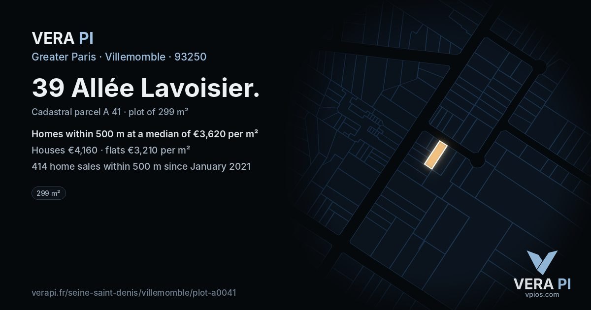 39 Allée Lavoisier, Villemomble at night – the plot lit, the parcels around coloured by the prices near them