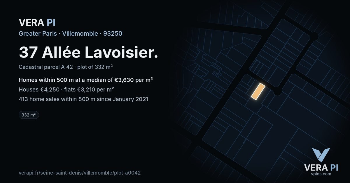 37 Allée Lavoisier, Villemomble at night – the plot lit, the parcels around coloured by the prices near them