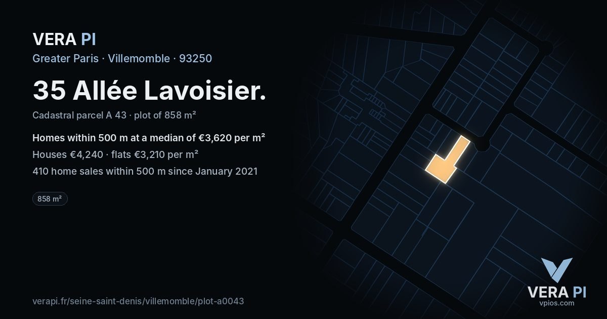35 Allée Lavoisier, Villemomble at night – the plot lit, the parcels around coloured by the prices near them