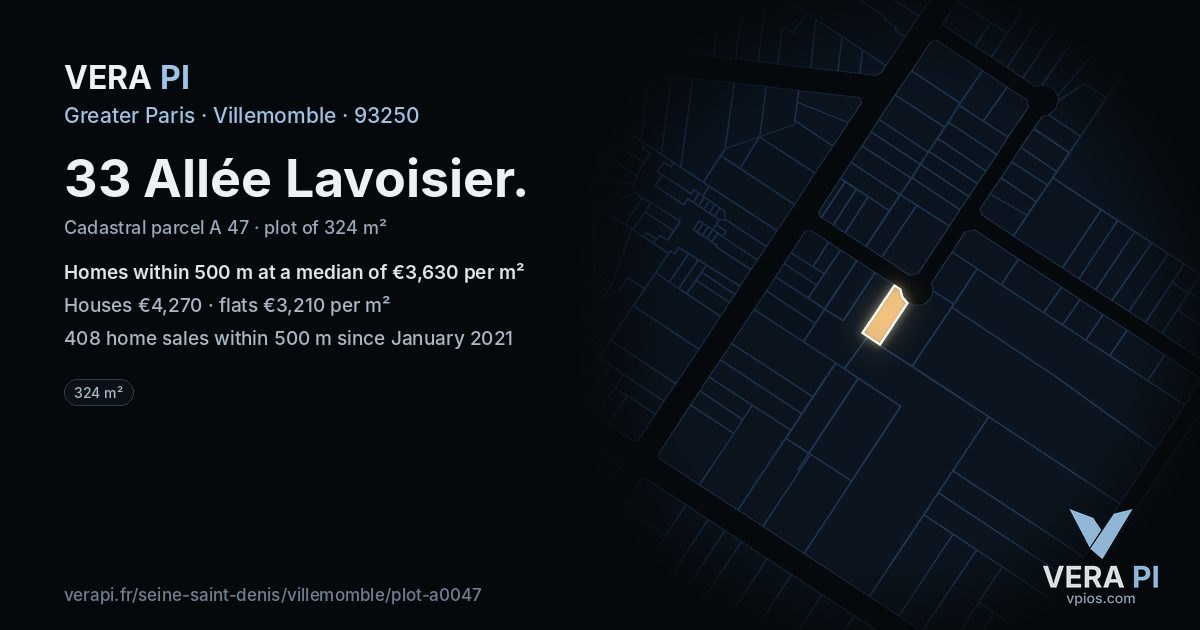 33 Allée Lavoisier, Villemomble at night – the plot lit, the parcels around coloured by the prices near them