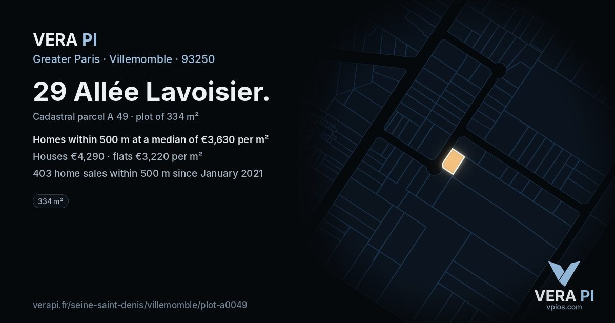 29 Allée Lavoisier, Villemomble at night – the plot lit, the parcels around coloured by the prices near them