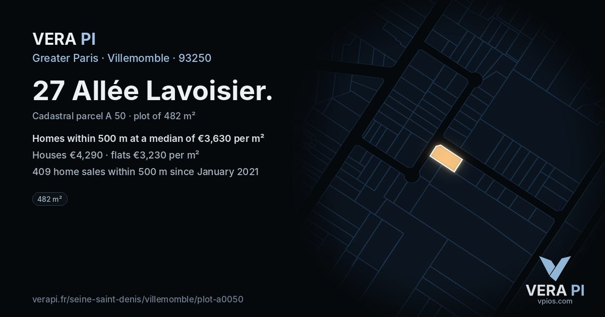 27 Allée Lavoisier, Villemomble at night – the plot lit, the parcels around coloured by the prices near them