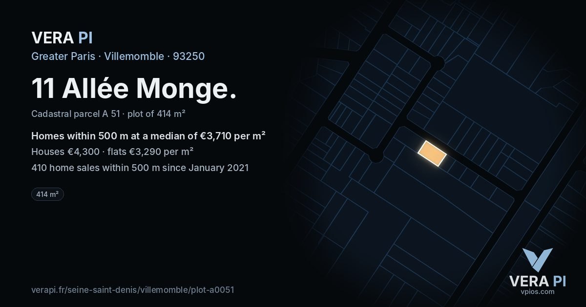 11 Allée Monge, Villemomble at night – the plot lit, the parcels around coloured by the prices near them