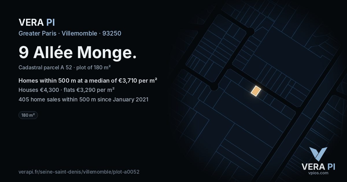 9 Allée Monge, Villemomble at night – the plot lit, the parcels around coloured by the prices near them
