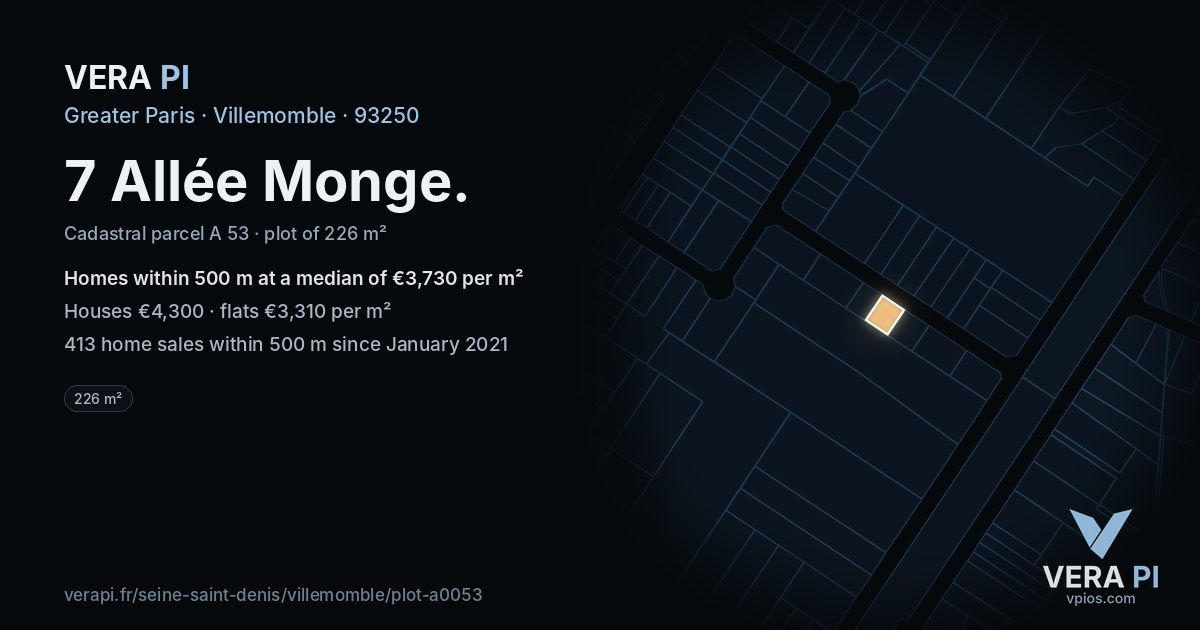 7 Allée Monge, Villemomble at night – the plot lit, the parcels around coloured by the prices near them