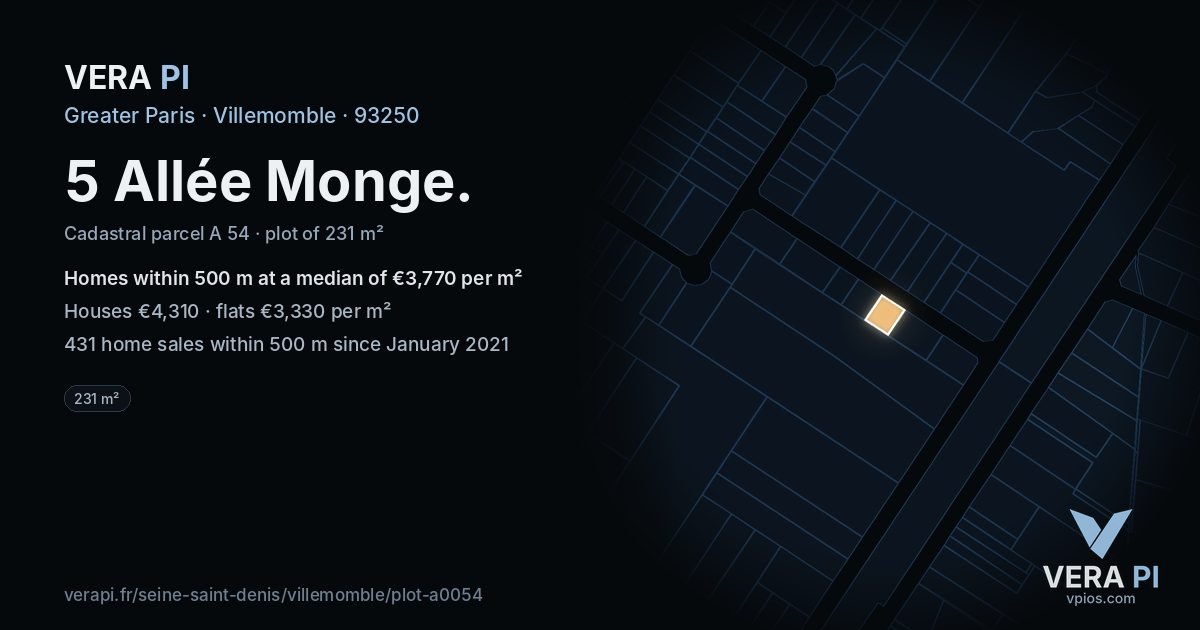 5 Allée Monge, Villemomble at night – the plot lit, the parcels around coloured by the prices near them