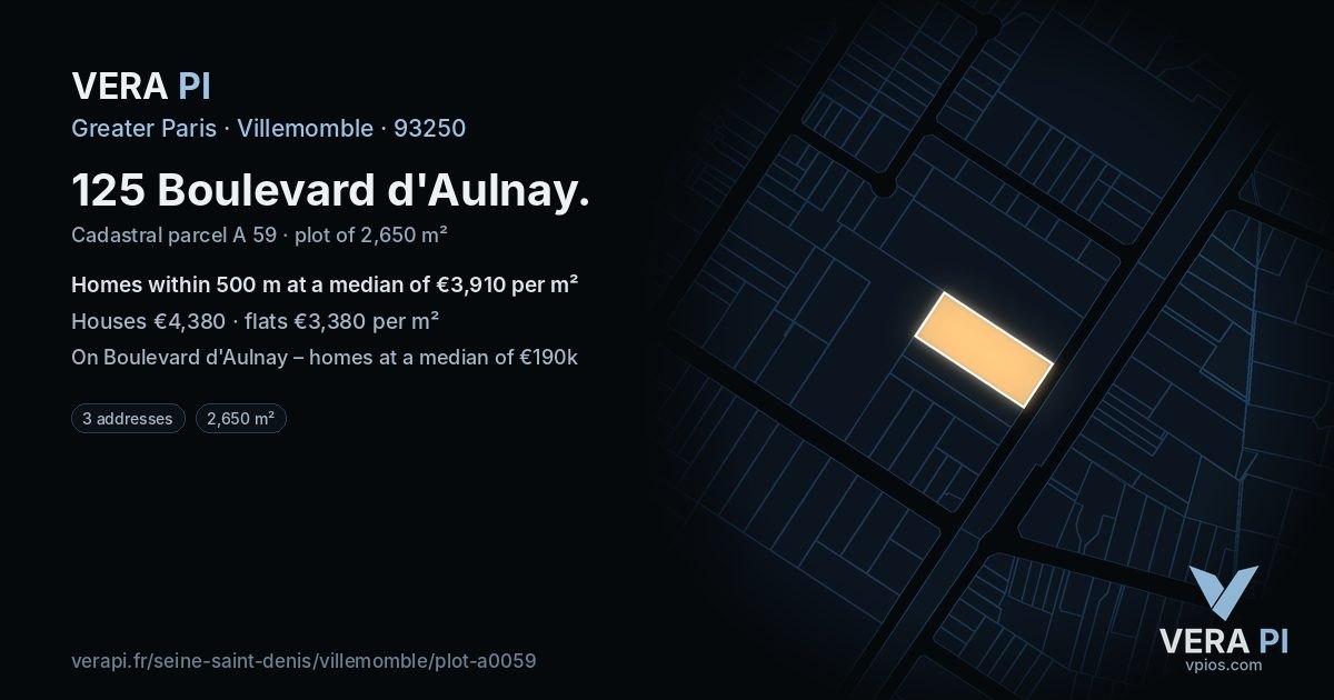 125 Boulevard d'Aulnay, Villemomble at night – the plot lit, the parcels around coloured by the prices near them