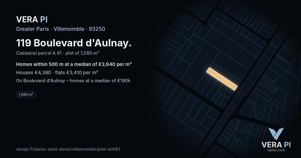 119 Boulevard d'Aulnay, Villemomble at night – the plot lit, the parcels around coloured by the prices near them