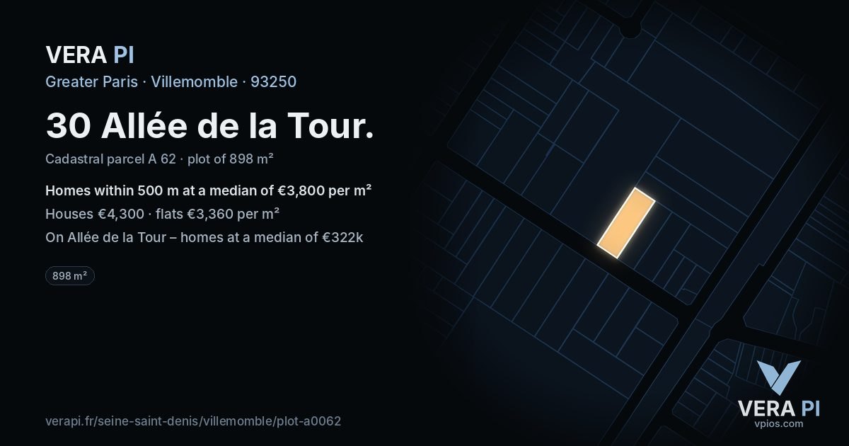 30 Allée de la Tour, Villemomble at night – the plot lit, the parcels around coloured by the prices near them