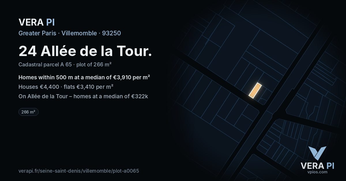 24 Allée de la Tour, Villemomble at night – the plot lit, the parcels around coloured by the prices near them