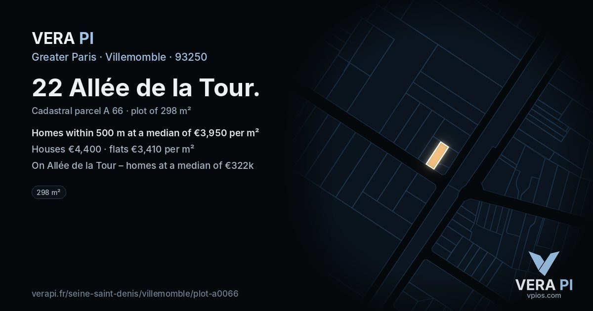 22 Allée de la Tour, Villemomble at night – the plot lit, the parcels around coloured by the prices near them