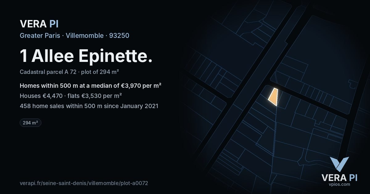1 Allee Epinette, Villemomble at night – the plot lit, the parcels around coloured by the prices near them