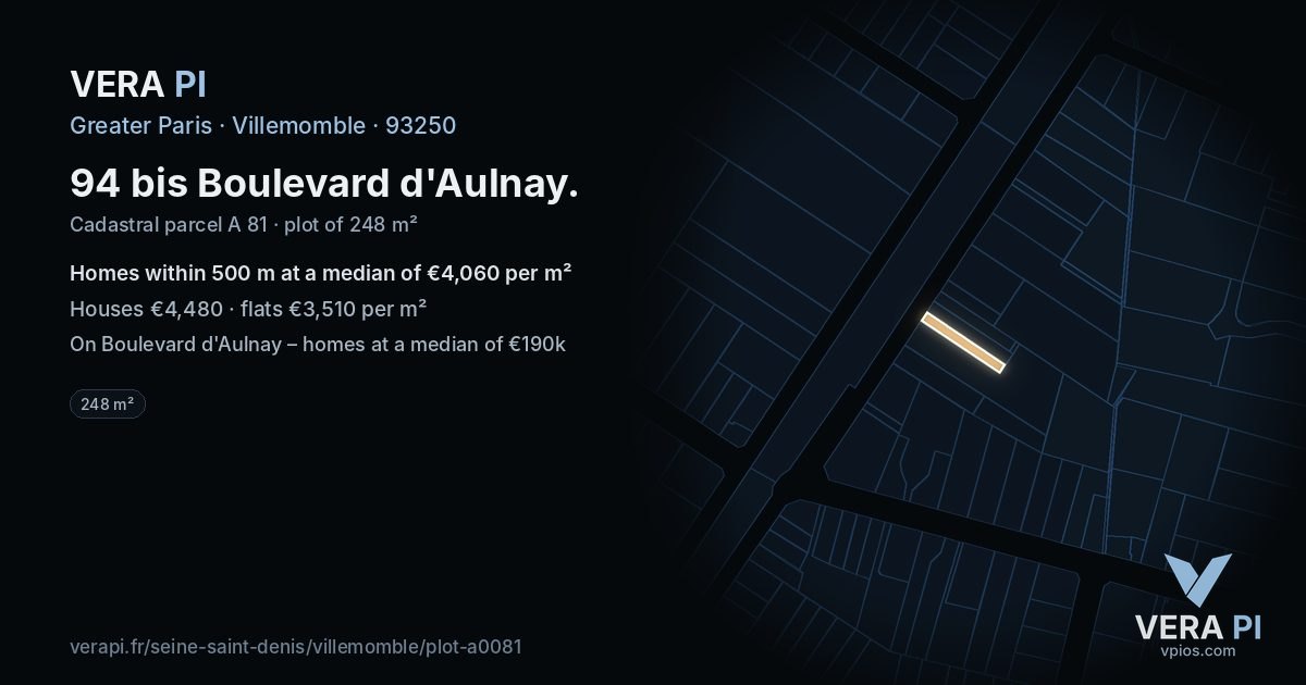 94 bis Boulevard d'Aulnay, Villemomble at night – the plot lit, the parcels around coloured by the prices near them