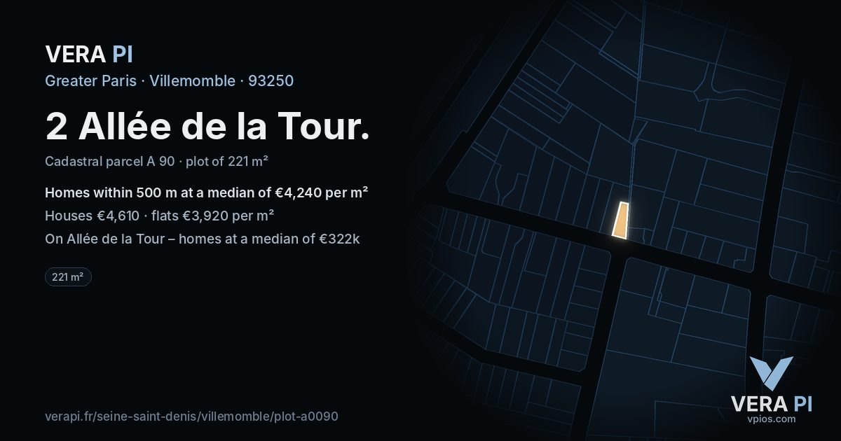 2 Allée de la Tour, Villemomble at night – the plot lit, the parcels around coloured by the prices near them