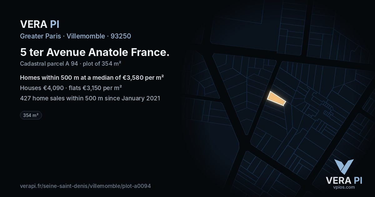 5 ter Avenue Anatole France, Villemomble at night – the plot lit, the parcels around coloured by the prices near them