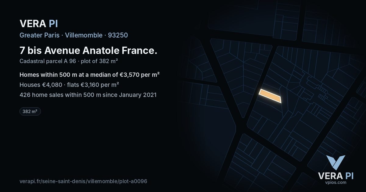 7 bis Avenue Anatole France, Villemomble at night – the plot lit, the parcels around coloured by the prices near them
