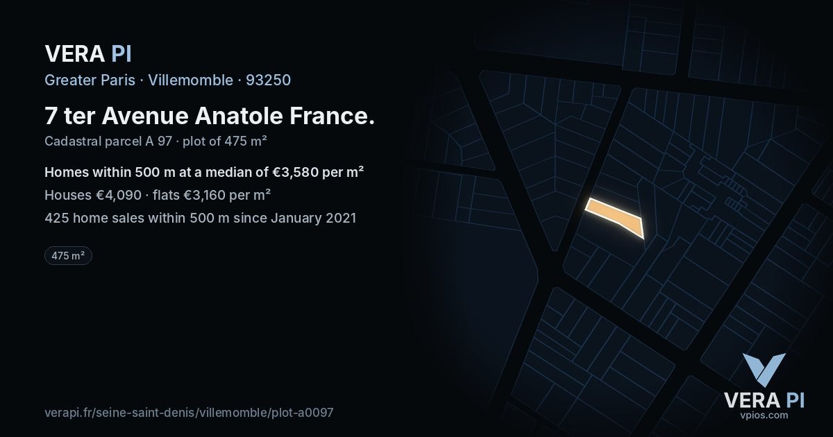 7 ter Avenue Anatole France, Villemomble at night – the plot lit, the parcels around coloured by the prices near them